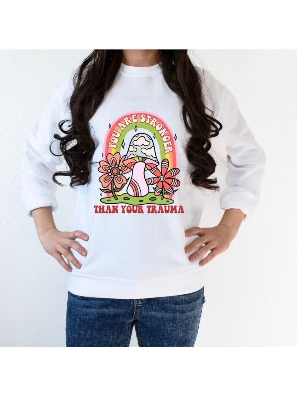 Stronger than trauma mental health graphic crewneck sweatshirt oversized XL - Picture 3 of 10